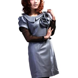皮衣 羊皮 女 胸围修身设计 OL知性职业真皮连衣裙 5633#