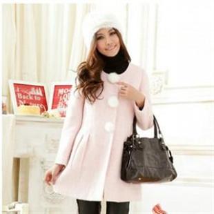 名媛风范收腰兔毛球暗扣毛呢 呢料大衣RY8855