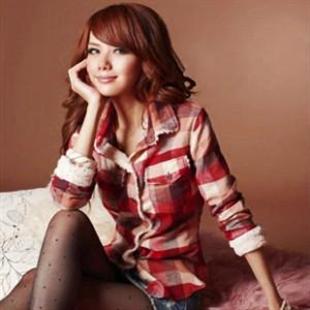 春季日系风女装软毛领格子衬衫W60027