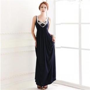 春季新款韩版奢华亮片点缀大U领长款洋装礼服连衣裙W60049