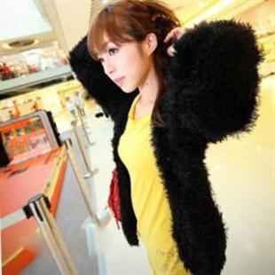 W60015韩依依冬装新款黑色休闲絨毛灯笼袖小外套