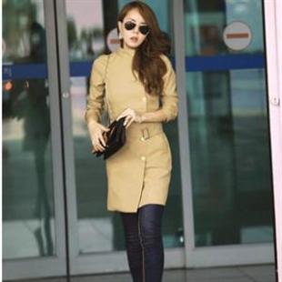 A1574韩依依新款单排扣双口袋收腰七分袖长款修身风衣外套