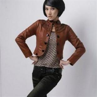 韩依依新款H85128高档瘦身PU竖领定珠皮衣