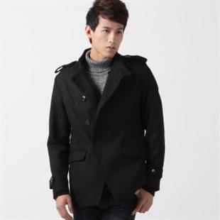 GENANX 新款 韩版修身时尚毛呢子风衣 男 外套 黑色 含羊毛F015-1