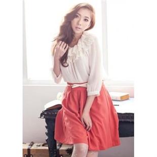 诗蓓蜜跳跃桔色淑女最爱百折中裙(配白色蝴蝶结腰带)SE2364