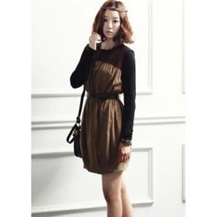 诗蓓蜜 双色拼接时尚单裙+黑色打底+腰带三件套SZ2340