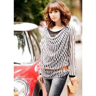 代尔缔诗韩版帅气气质显瘦竖条纹雪纺衫 配皮带11031257