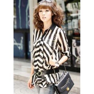 代尔缔诗外贸秋女装条纹雪纺衫欧美范翻领长袖配皮带11031252