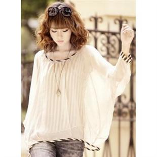 代尔缔诗 韩版宽松条纹双层飘逸雪纺衫11031289
