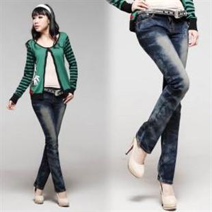 翠诗 女桃心亮片显瘦微弹直筒牛仔长裤T91168