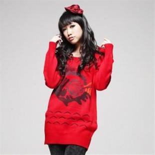 翠诗 圆领长袖中长款木鱼印花修身毛衣套头衫T91156