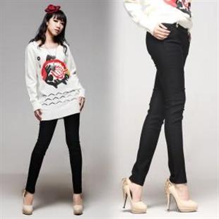 翠诗 黑色修身显瘦弹力休闲长裤靴裤小脚裤T91151