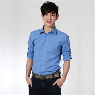 比朗 纯正蓝色全棉气质型男式休闲长袖衬衫WH1110034