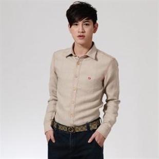 比朗 男装麻布衬衫经典杏色男士必备衬衫WH1110044
