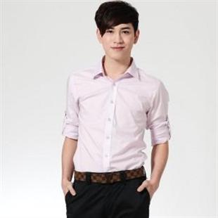 比朗 衬衫翻领浅粉红色衬衫男长袖商务休闲衬衫WH1110033