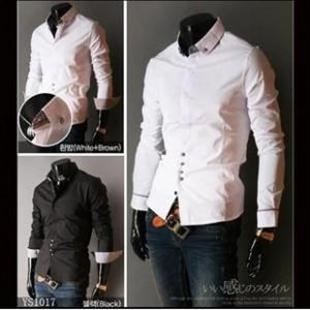 新款男士男式衬衫 长袖衬衫衬衣 时尚休闲衬衣 白色