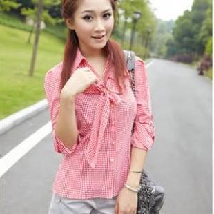 七姿蝶S3010秋季经典格纹蝴蝶结衬衫