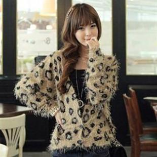 W60008韩依依冬装新款韩版豹纹松针绒木扣外套