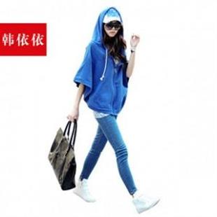 A1533韩依依秋装新款韩版休闲拉链带帽中袖宽松蝙蝠衫外套