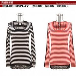 na feel8801秋季经典时尚蕾丝边条纹T恤
