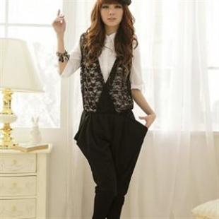 n9style111015秋季黑色蕾丝拼接连体裤