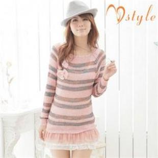 n9style112619粉色条纹长款针织衫连衣裙