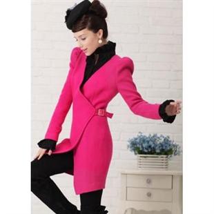 卡布琦诺 高档玫红色泡泡袖交叉式纯羊毛毛呢外套B2073