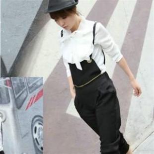 n9style113450秋季新款黑色可拆卸背带式哈伦长裤