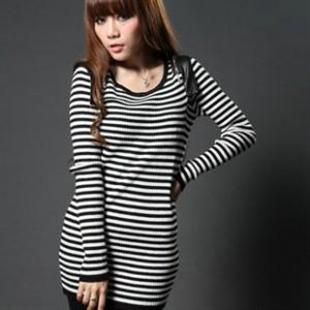 QMA5350条纹撞皮修身毛衣