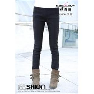 伊自尚-15030韩版黑色弹力时尚烫钻小脚裤女靴裤 牛仔长裤