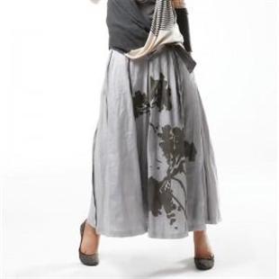 Q110868 新款秋冬 简约随性亚麻印花休闲长裙