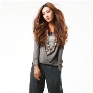 A110817 秋冬新款 净色配条纹假两件套长袖薄针织衫