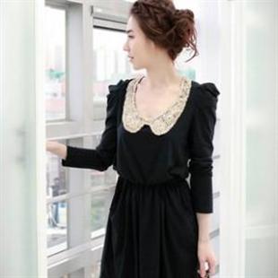 HJ1075最新韩版蕾丝贴领优雅淑女长袖连衣裙