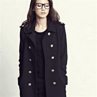 HJ6027 秋冬新款女装 韩版修身长款双排扣毛呢外套大衣