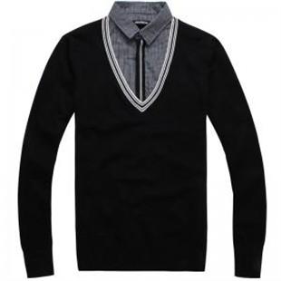 GENANX 秋冬季英伦学院风 男士修身针织衫毛衣 假两件 B019-1黑色