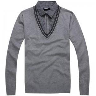 GENANX 秋冬新款韩版假两件长袖毛衣 针织衫 男 B019-4 浅灰色