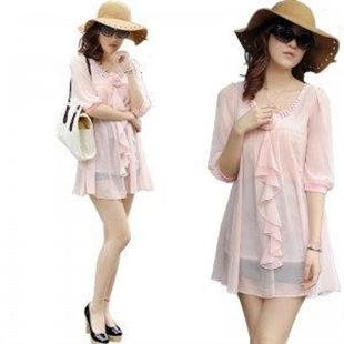 特价 包邮 春夏新品韩版女装中袖串珠荷叶边雪纺连衣裙子A518